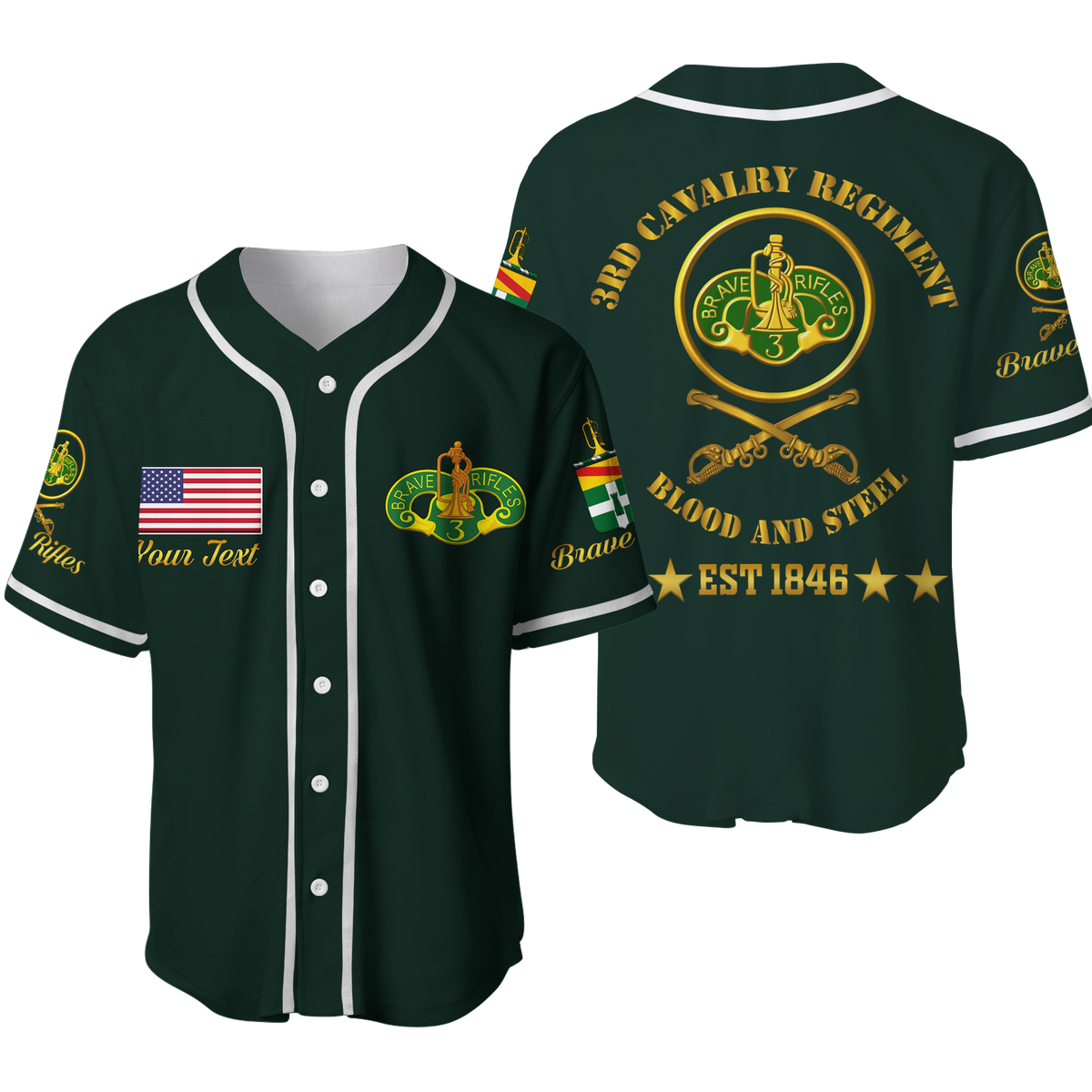 Dark green baseball jersey with white trim, button front, USA flag patch and crest