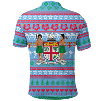 Blue Christmas polo back with red hibiscus, green trees, palm patterns, and crest