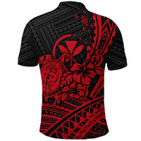 Back view of red and black tropical polo with tribal turtle and hibiscus floral graphic