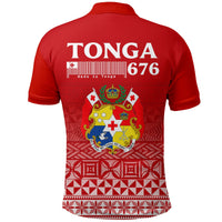 Red polo shirt with Tonga 676 back print and crest over Tongan pattern