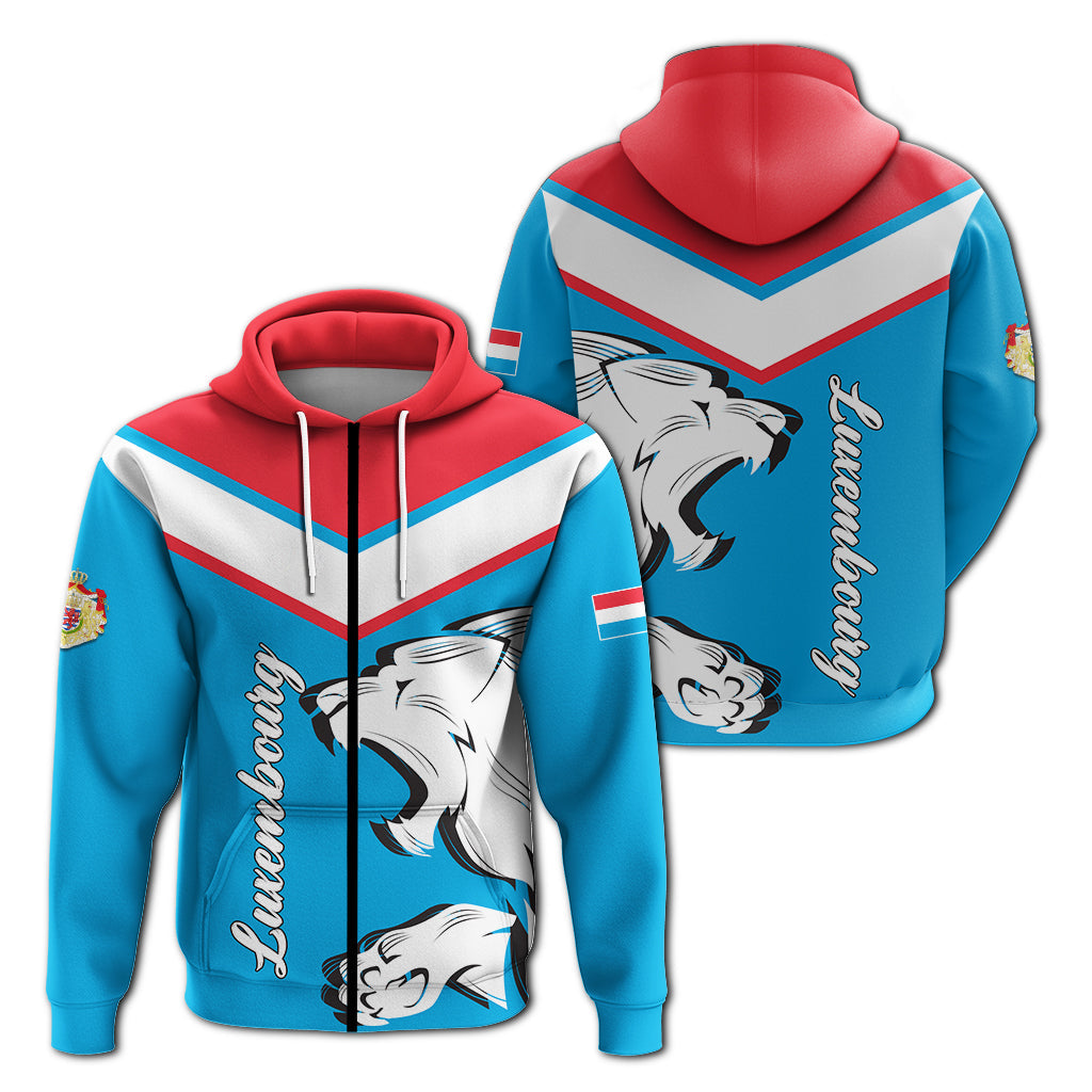 Multicolor lion zip hoodie, red hood, blue body, striped white panel with crest art