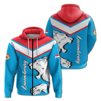 Multicolor lion zip hoodie, red hood, blue body, striped white panel with crest art