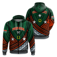 Green pullover hoodie with tribal graphic panel, hood, drawstrings, and kangaroo pocket