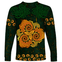 Green long-sleeve shirt with Celtic knot shoulders and orange triple spiral face graphic