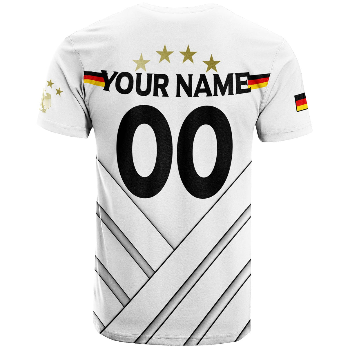 Deutschland T‑Shirt Rückseite mit „YOUR NAME“, großen „00“ und Sternen