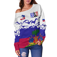 Women’s off-shoulder sweater with Haiti graphic, white top, blue wave and red stripe