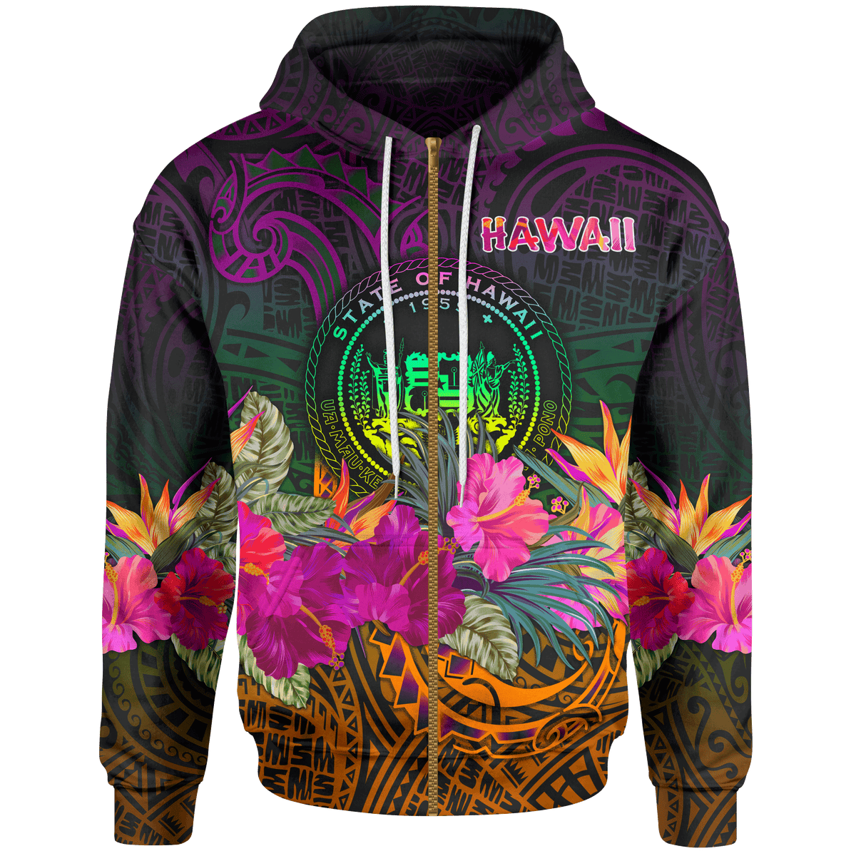 Zip-up hoodie with hood, hibiscus flowers and tropical Hawaii graphic in purple/green.