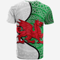 Multicolor Welsh dragon t-shirt, red dragon over green Celtic knot pattern, side view