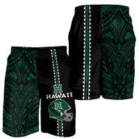 Two shorts shown: green tribal and black Hawaii football shorts with side stripe, helmet logo