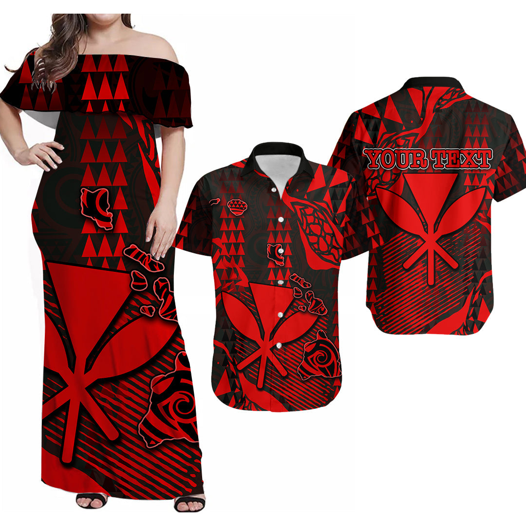 Matching Hawaiian maxi dress with off-shoulder design; red and black tribal print set