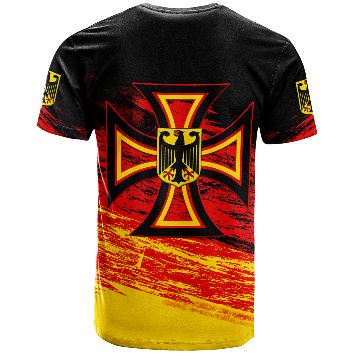 Black short-sleeve T-shirt with red/yellow Iron Cross eagle back graphic