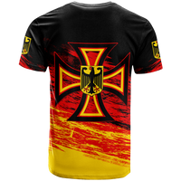 Black short-sleeve T-shirt with red/yellow Iron Cross eagle back graphic
