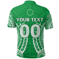Green polo shirt back, tribal pattern with customizable YOUR TEXT and large 00 graphic