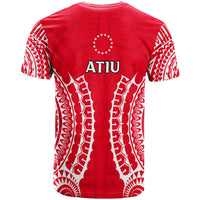 Red crewneck T-shirt back with ATIU text and white tribal graphic