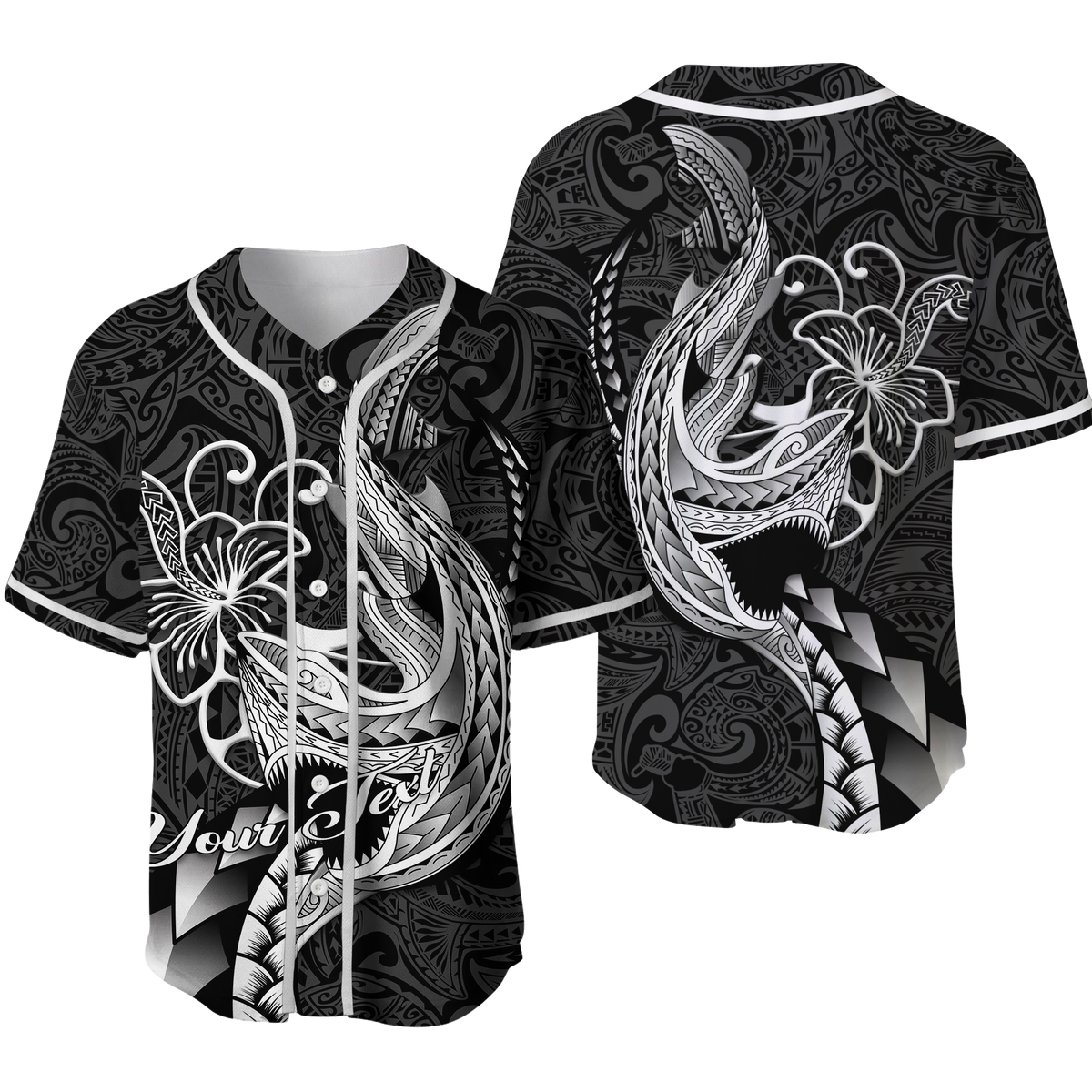 Black baseball jersey with white tribal shark artwork and button-up front