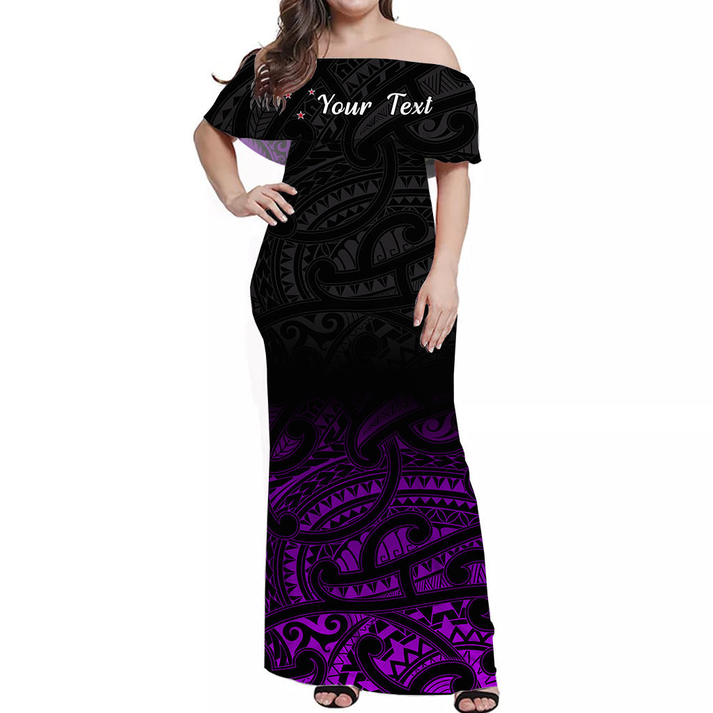 Off-shoulder long women’s dress with black and purple Maori-inspired pattern