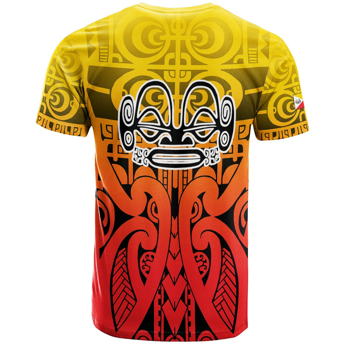 T-shirt with multicolor Polynesian tattoo graphic, back
