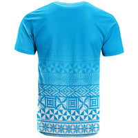 Blue crewneck T-shirt back with tribal stripe pattern bands, short sleeves
