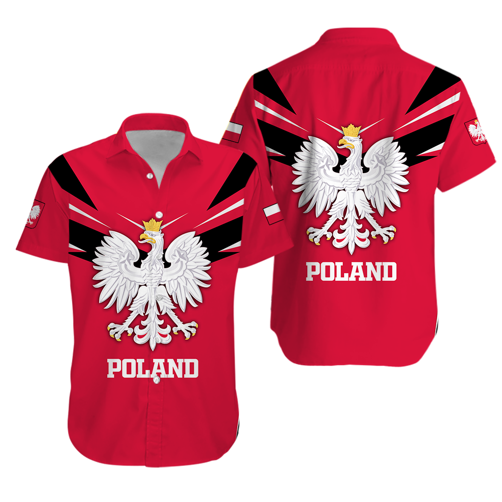 Red Hawaiian shirt with Poland crest, 'POLAND' text, and ray stripes