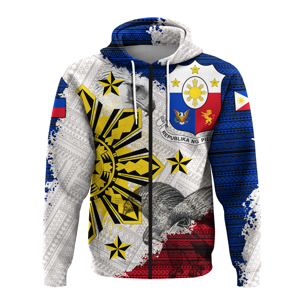 Pullover hoodie with bold eagle graphic, flag crest panel, tribal trim, front view
