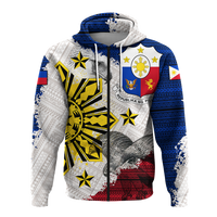 Pullover hoodie with bold eagle graphic, flag crest panel, tribal trim, front view