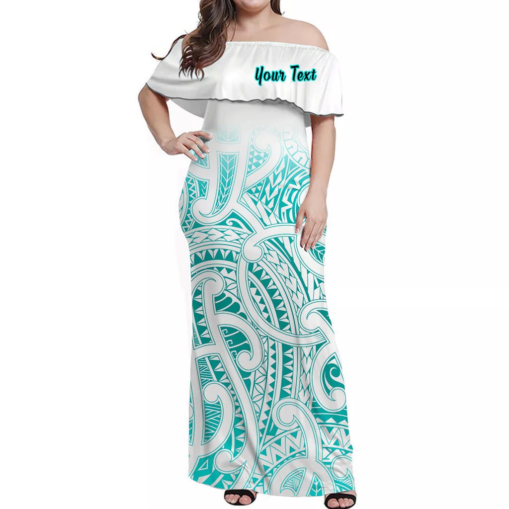 Off-shoulder long dress with white ruffled sleeves and turquoise tribal print