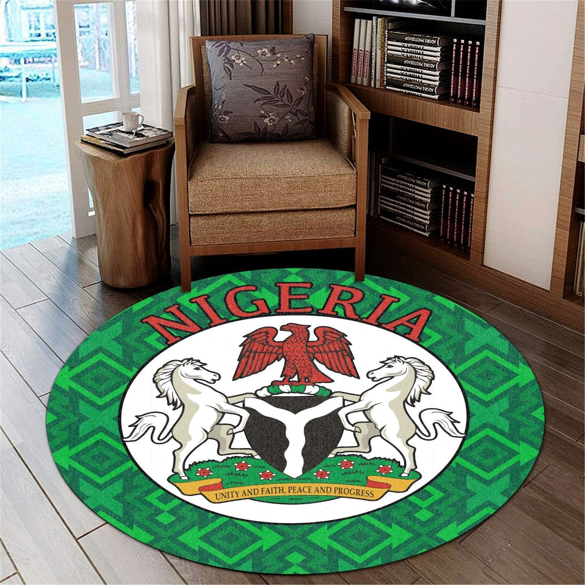 Round Nigeria carpet, bold NIGERIA lettering, green geometric border, horses with eagle