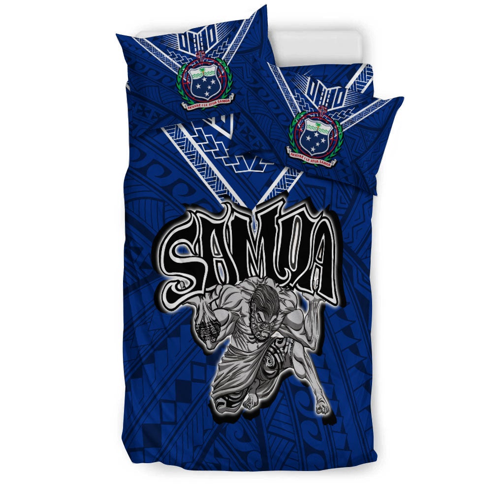 Blue duvet set with central Samoan warrior and “SAMOA” text, matching pillow pair