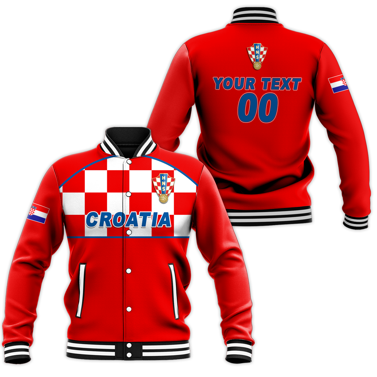 Red Croatia checkerboard baseball jacket with button front, crest, ribbed collar and cuffs