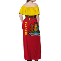 Off-shoulder long dress, back view: yellow ruffle neckline, red with Grenada flag print