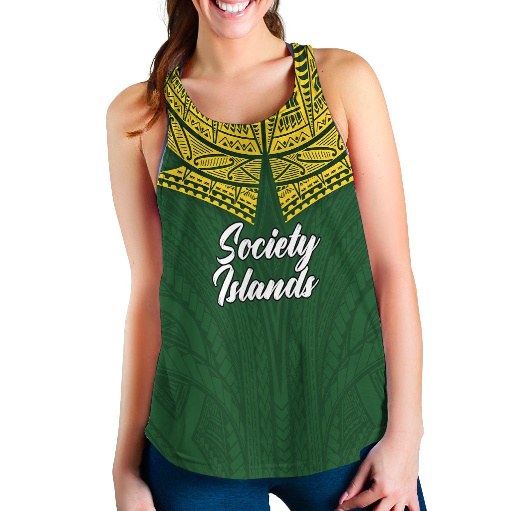 Green tank top with yellow neckline print and Society Islands logo on front