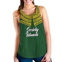 Green tank top with yellow neckline print and Society Islands logo on front