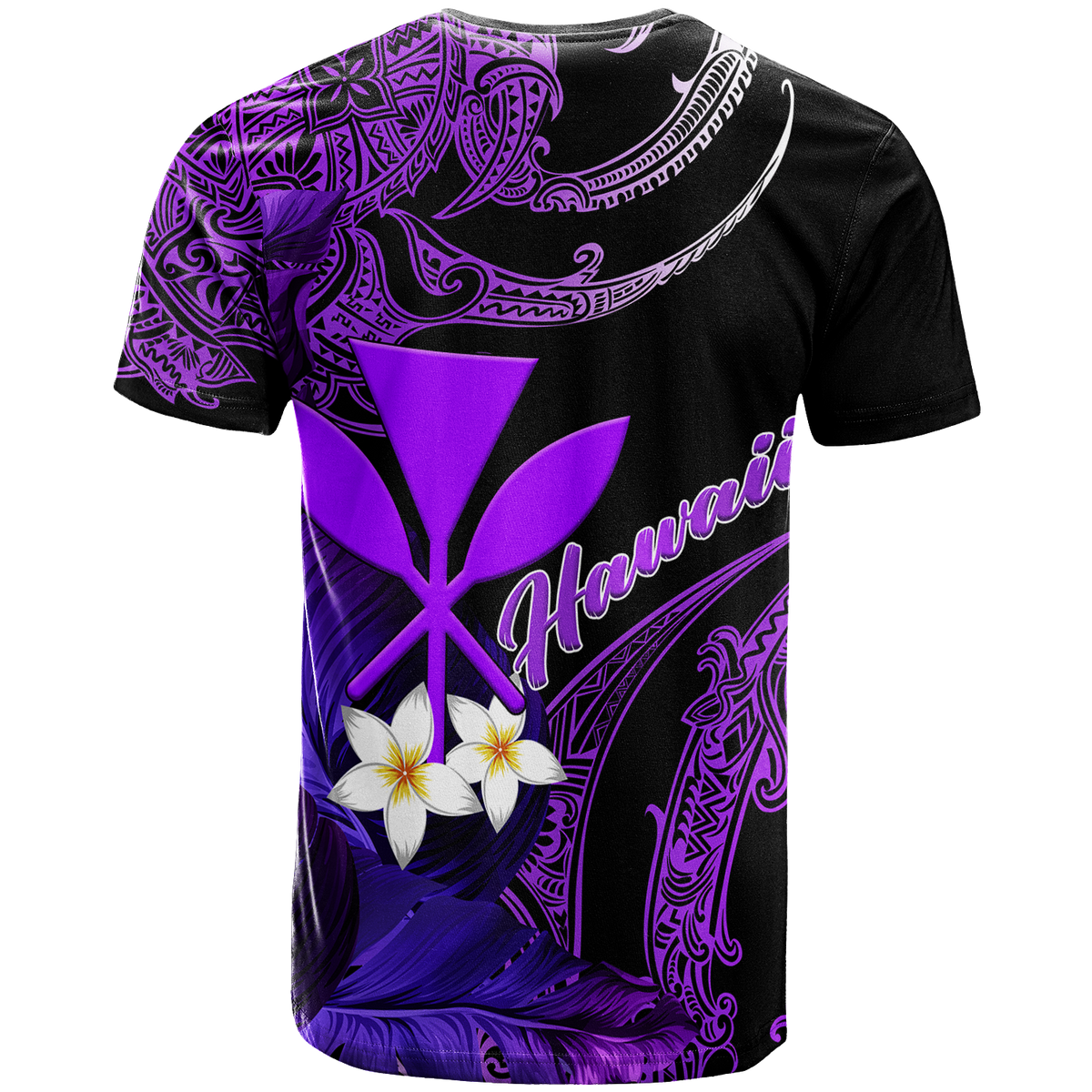 Black graphic T-shirt with purple tropical motifs, plumeria flowers, 'Aloha'