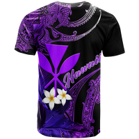 Black graphic T-shirt with purple tropical motifs, plumeria flowers, 'Aloha'