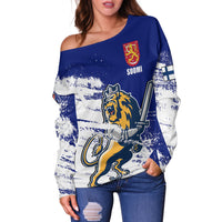 Women’s off-shoulder hockey sweater, blue/white, crest and lion with flag patch