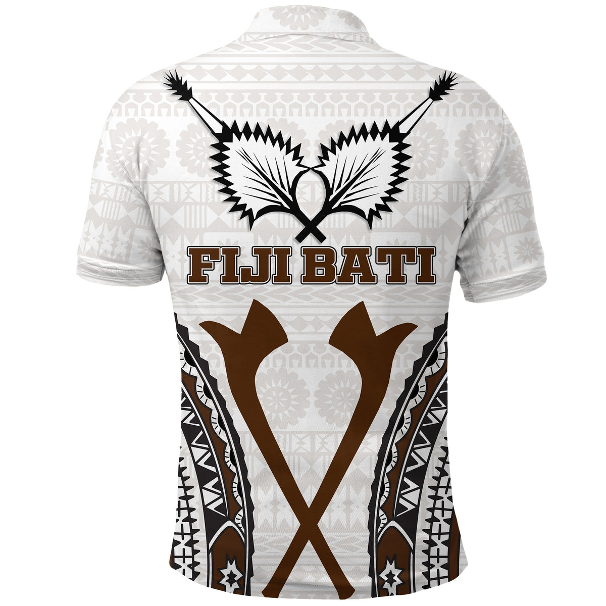 White polo shirt back view, large Fiji bati tapa artwork, button collar, black & brown