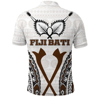 White polo shirt back view, large Fiji bati tapa artwork, button collar, black & brown