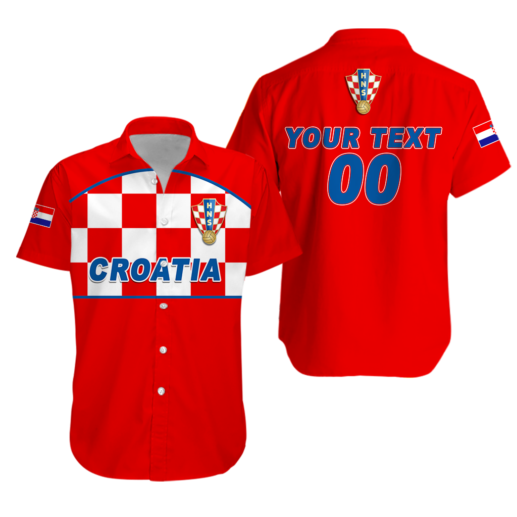 Red Croatia checkerboard Hawaiian shirt, button-up with crest and custom text "YOUR TEXT 00"