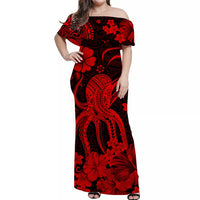 Red and black long Hawaiian-style maxi dress with off-shoulder neckline and ornate print