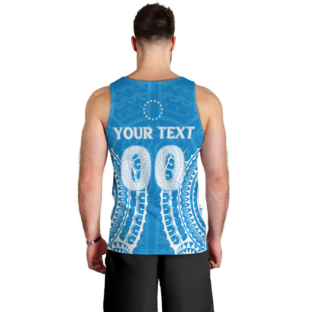 Men’s blue tribal print tank top back with large oval graphic and small text
