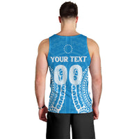 Men’s blue tribal print tank top back with large oval graphic and small text
