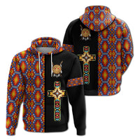 Black hoodie front pocket with colorful Navajo cross print and geometric pattern sleeves