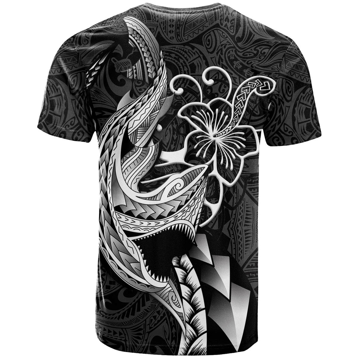 Black crew-neck T-shirt with large white shark and hibiscus tribal graphic