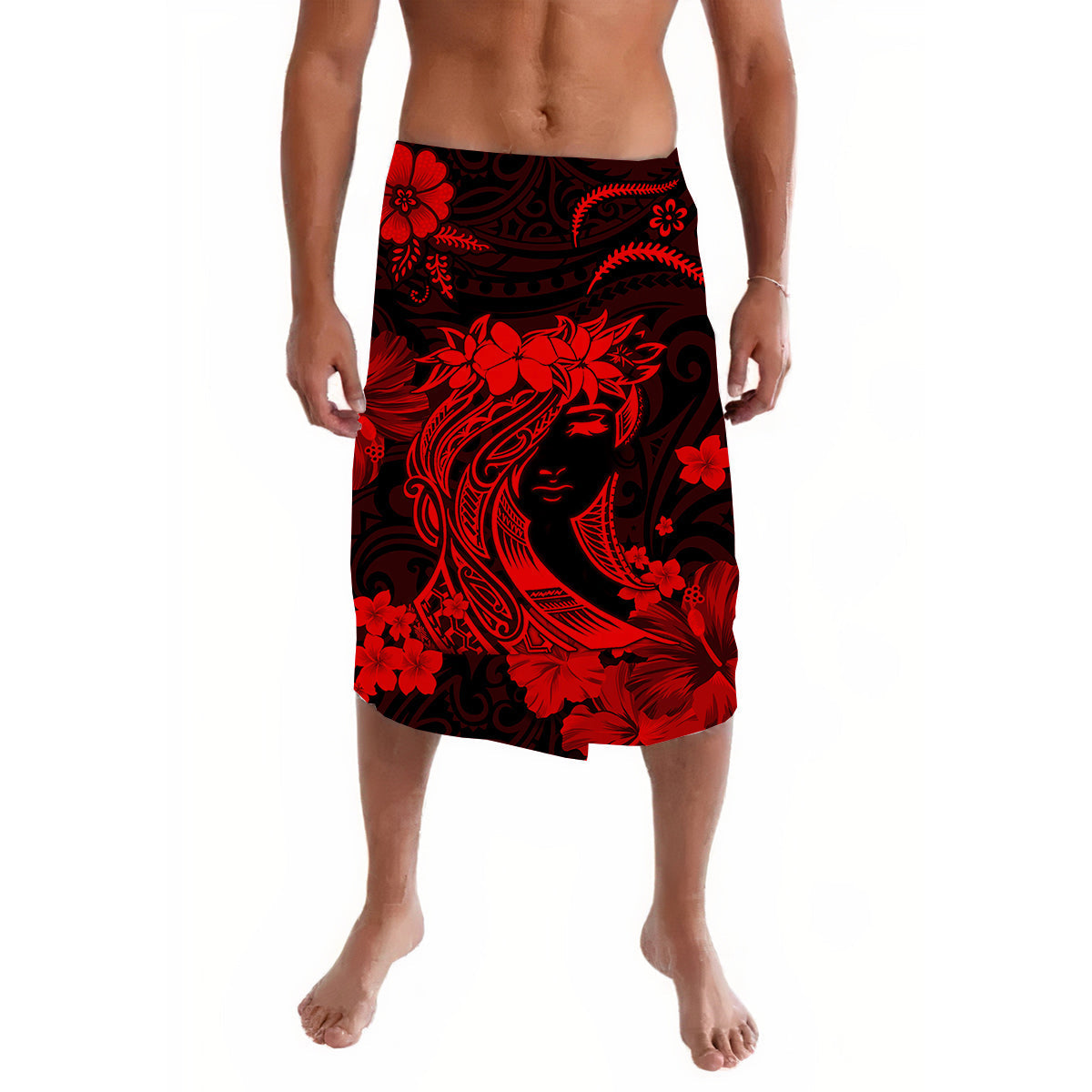 Red and black lava lava sarong skirt with floral and female profile print