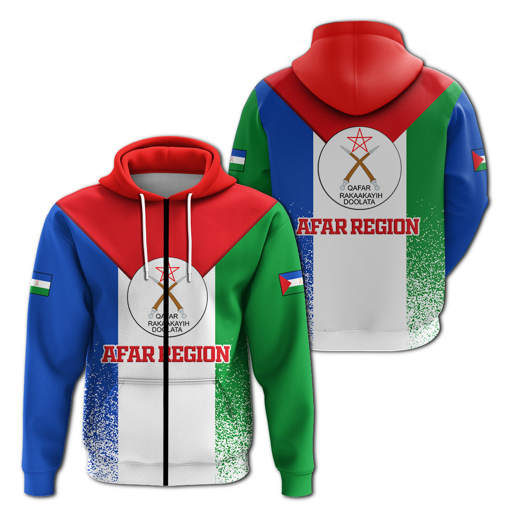 Afar Region zip hoodie with tricolor flag graphic and bold “AFAR REGION” print