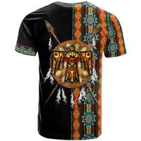 Black T-shirt back with centered thunderbird medallion and tribal stripe panel