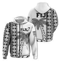 White zip hoodie with Fiji logo, coconut tree graphic, and tapa pattern; front and back