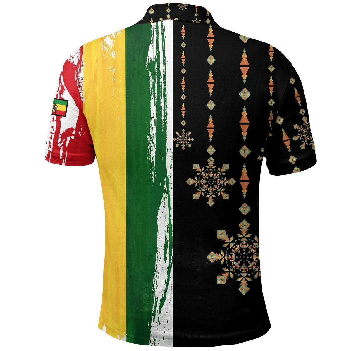 Back of Ethiopia flag polo with aztec geometric motifs and multicolor vertical stripe paneling