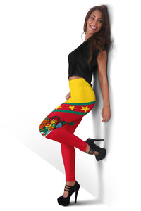 Red and yellow leggings with green diagonal stripe and crest at calf, full length