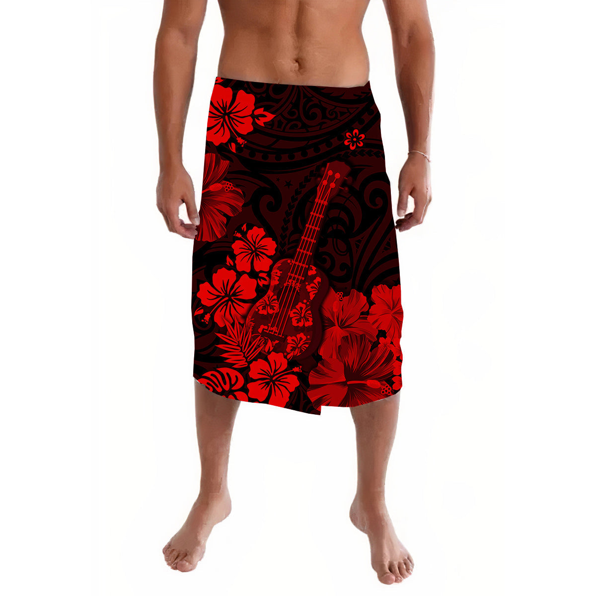 Red and black floral wrap lavalava skirt with ukulele print